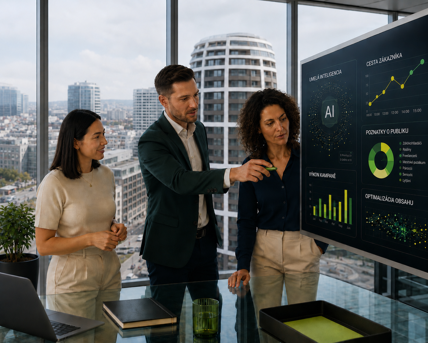 Podnikateľ analyzuje marketingovú stratégiu s AI nástrojmi