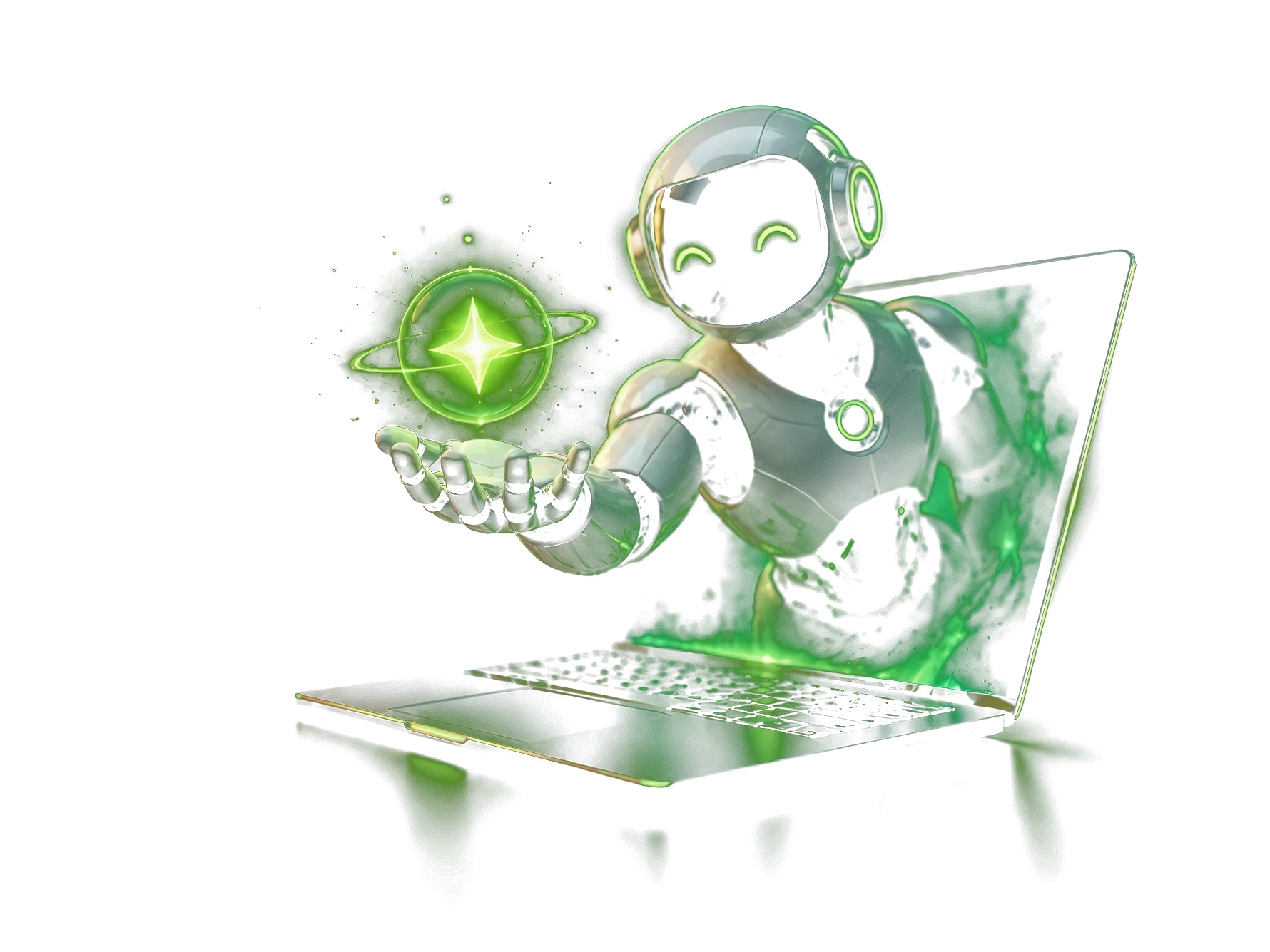 AI robot Aika podáva žiariace AI jadro z notebooku – umelá inteligencia pre rast vášho biznisu