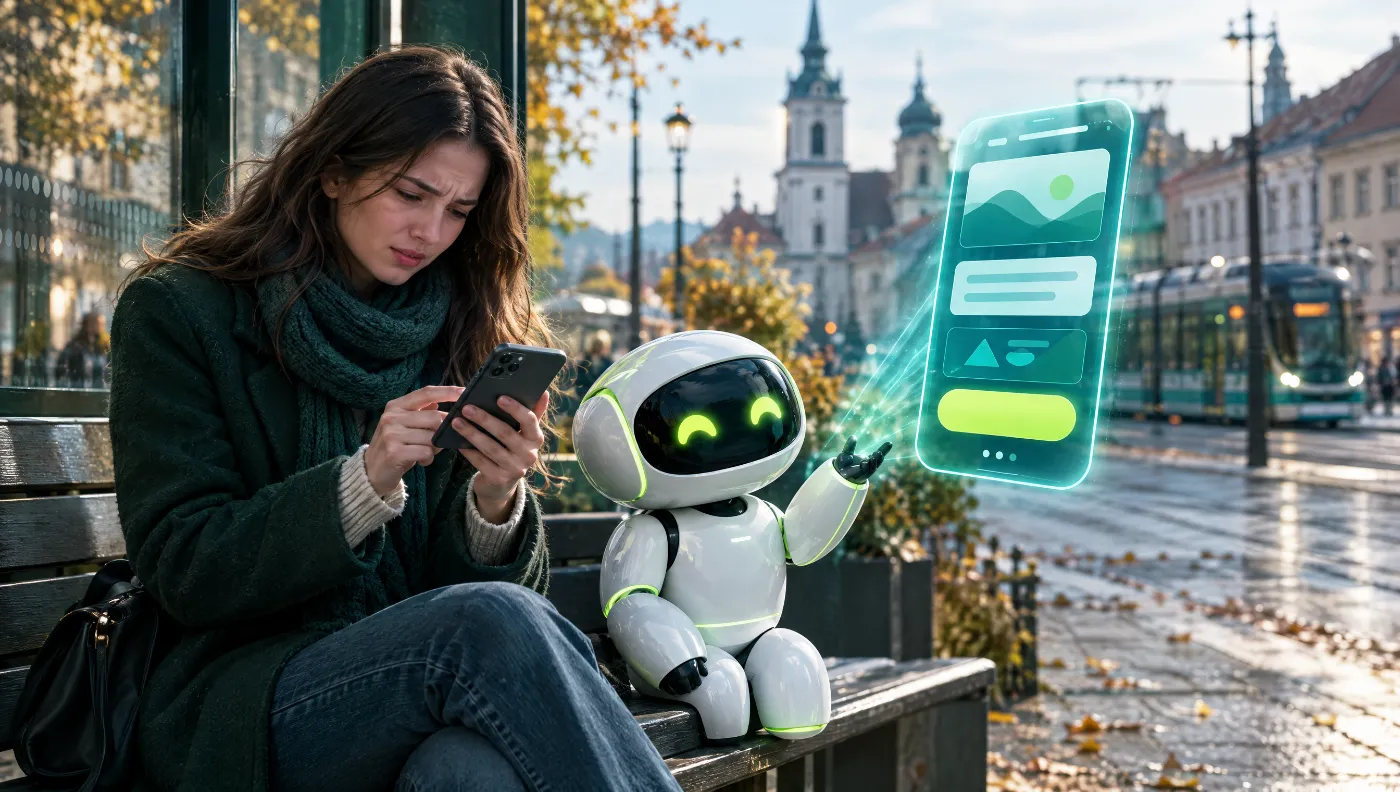 ako vyzera web na mobile zastavka Žena na zastávke sa trápi s webom v mobile, robot vedľa nej ukazuje prehľadnú mobilnú verziu s veľkým tlačidlom