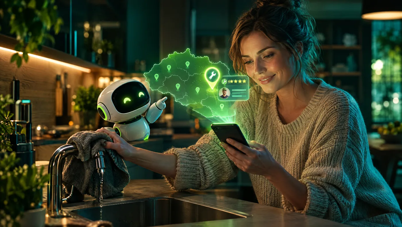 zakaznicka hlada instalatera cez ai Zákazníčka hľadá inštalatéra cez AI asistenta v mobile, na mape je zvýraznená miestna firma s hodnotením