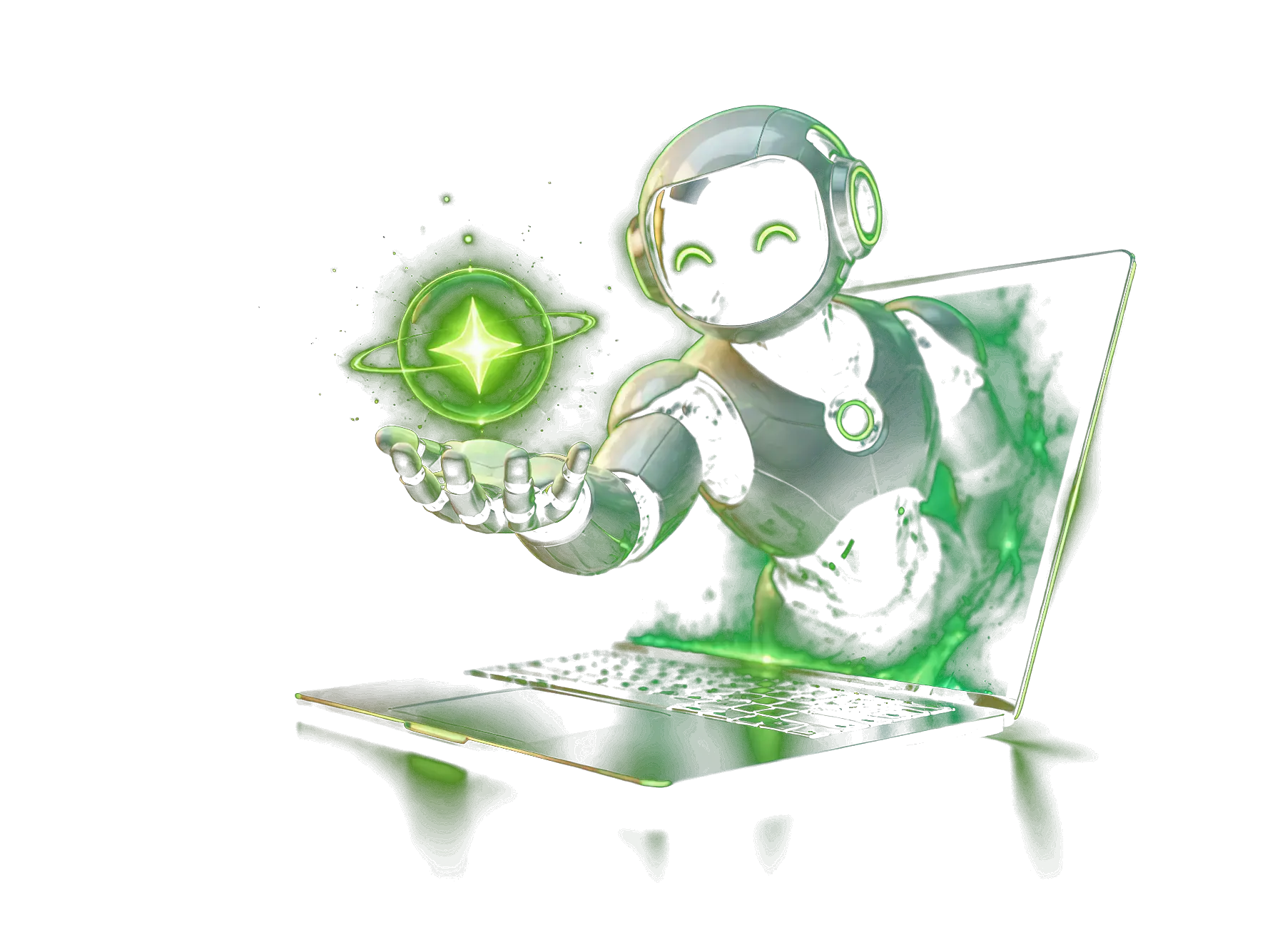 AI robot Aika podává zářící AI jádro z notebooku – umělá inteligence pro růst vašeho byznysu